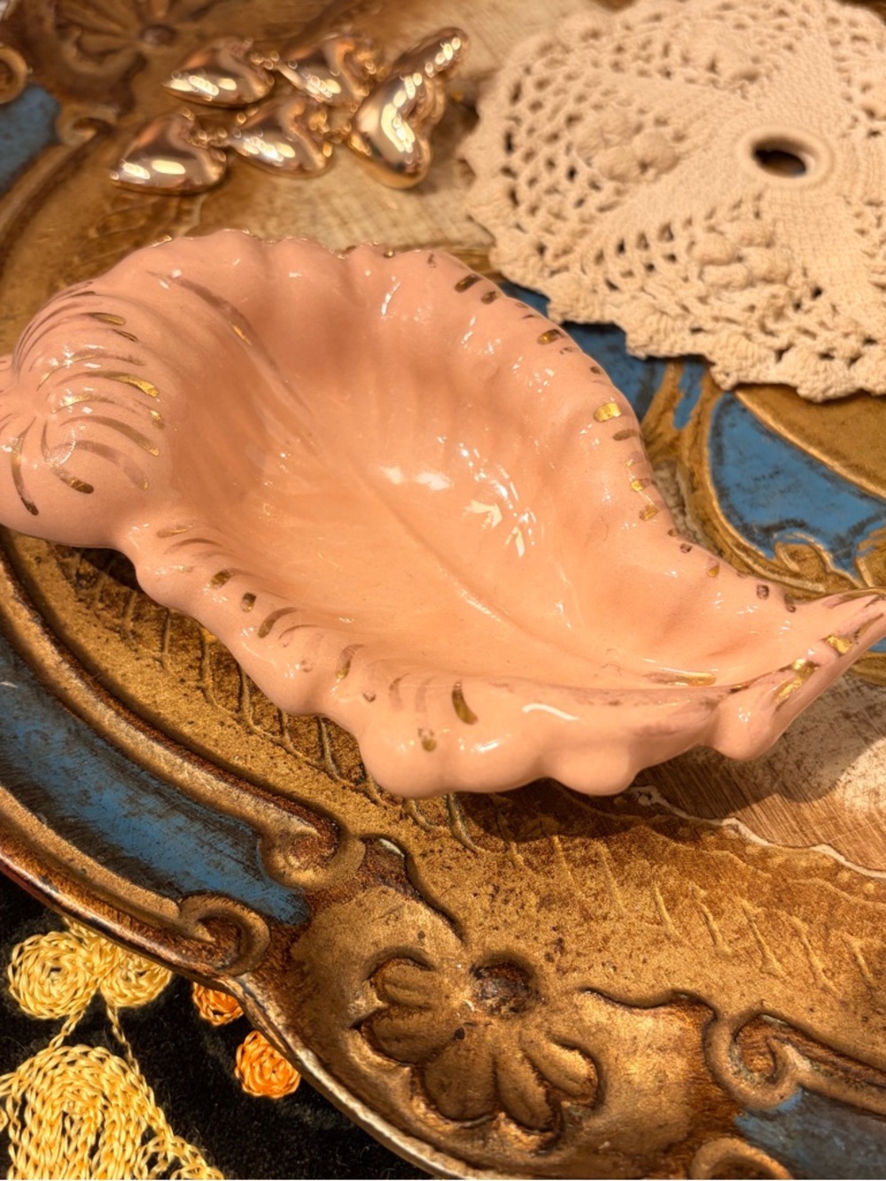 Vintage Glazed Ceramic Pink Gold-Accent Leaf Dish